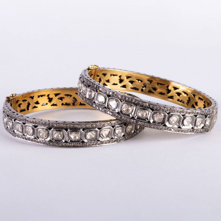 Pair of indian rose-cut diamond, 14k gold and silver bangle bracelets
