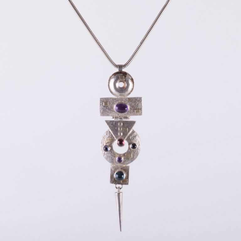 Modernist sterling silver and multi-gem pendant necklace