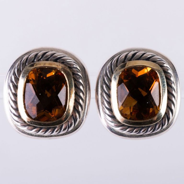 Pair of David Yurman sterling silver, 14k gold, and citrine earrings