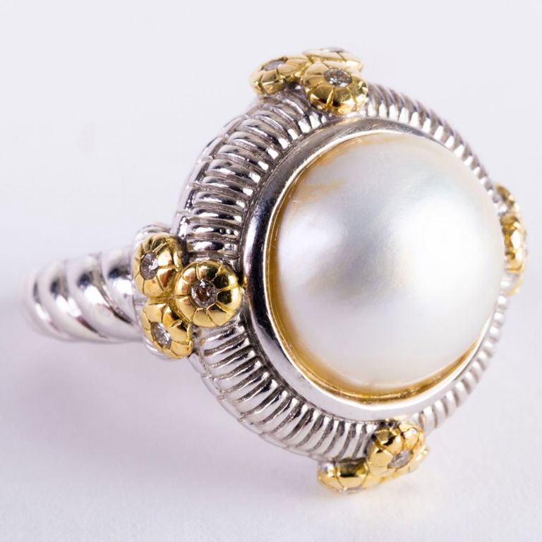 Judith Ripka mabe pearl, diamond, sterling silver, and 18k gold ring
