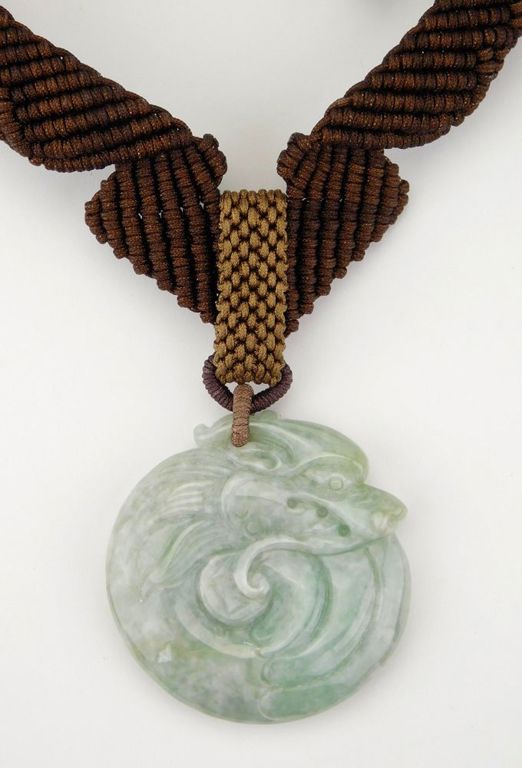 Green Jade Pendant Brown Chord Necklace