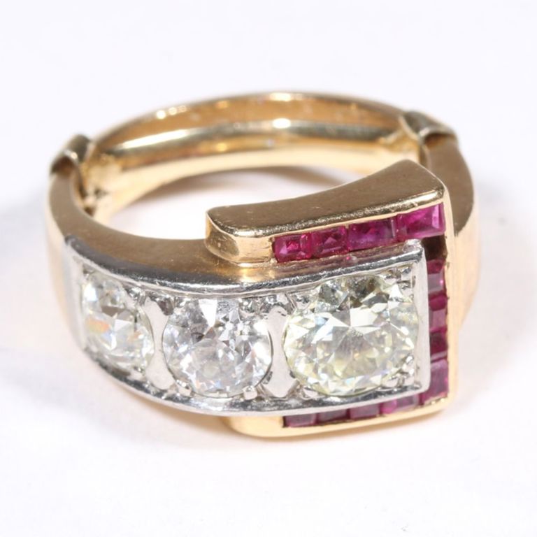 14k yellow gold diamonds and rubies buckle ring
