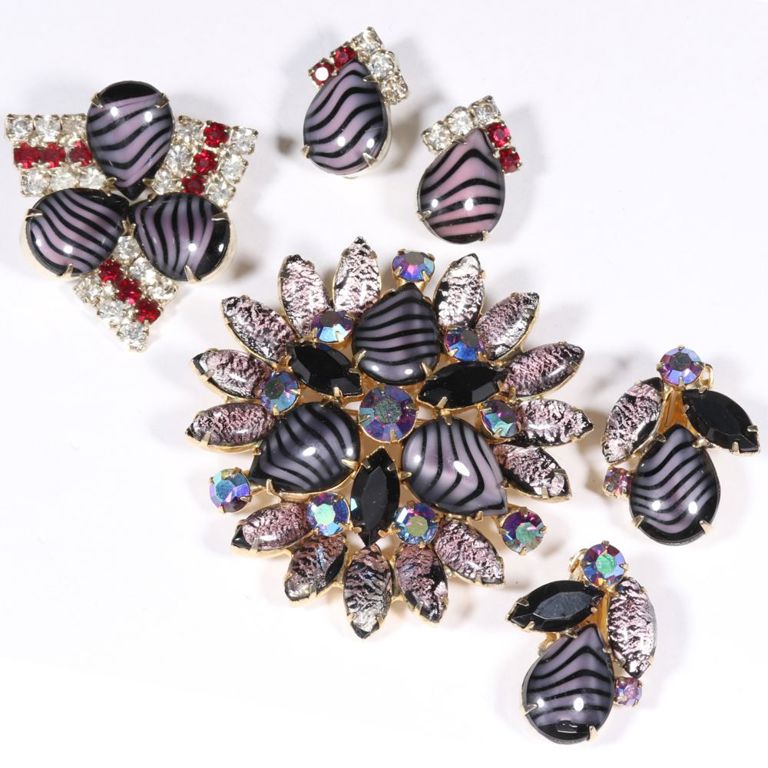 Violet givre art glass brooches and matching earrings