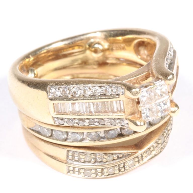 14k and 9k yellow gold diamonds fused bridal stacked ring