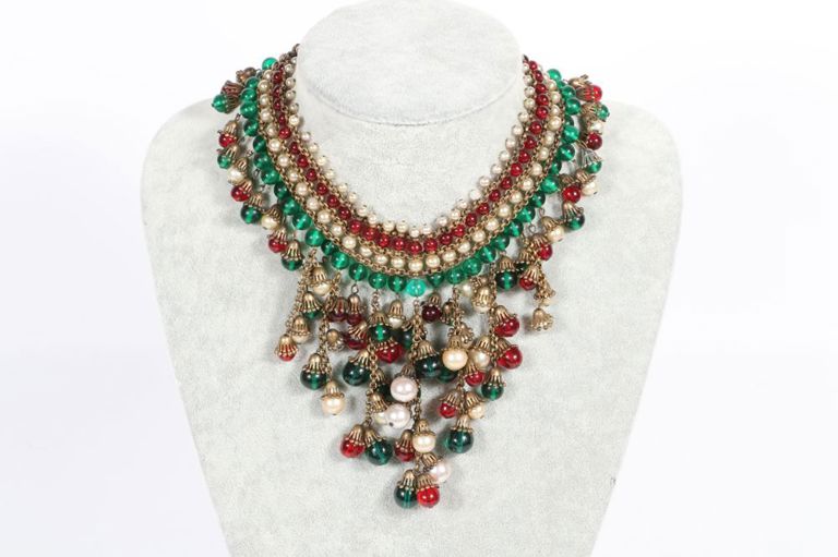 Beaded bib drop necklace with red and green glass beads and pearls