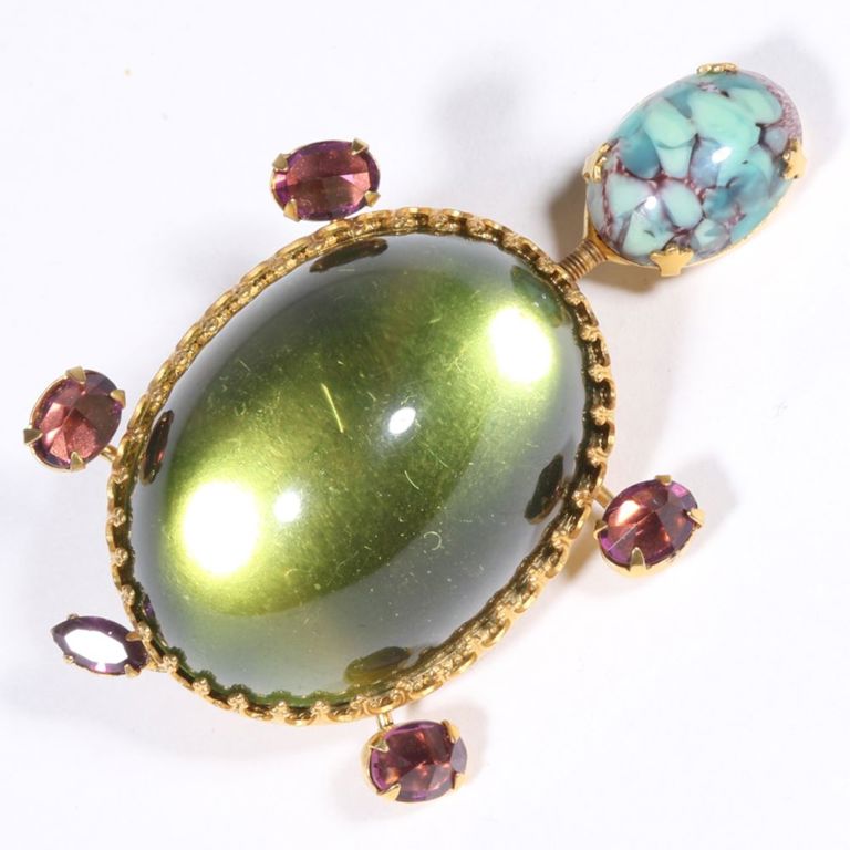 Art glass, green lucite and inverted violet crystals turtle brooch