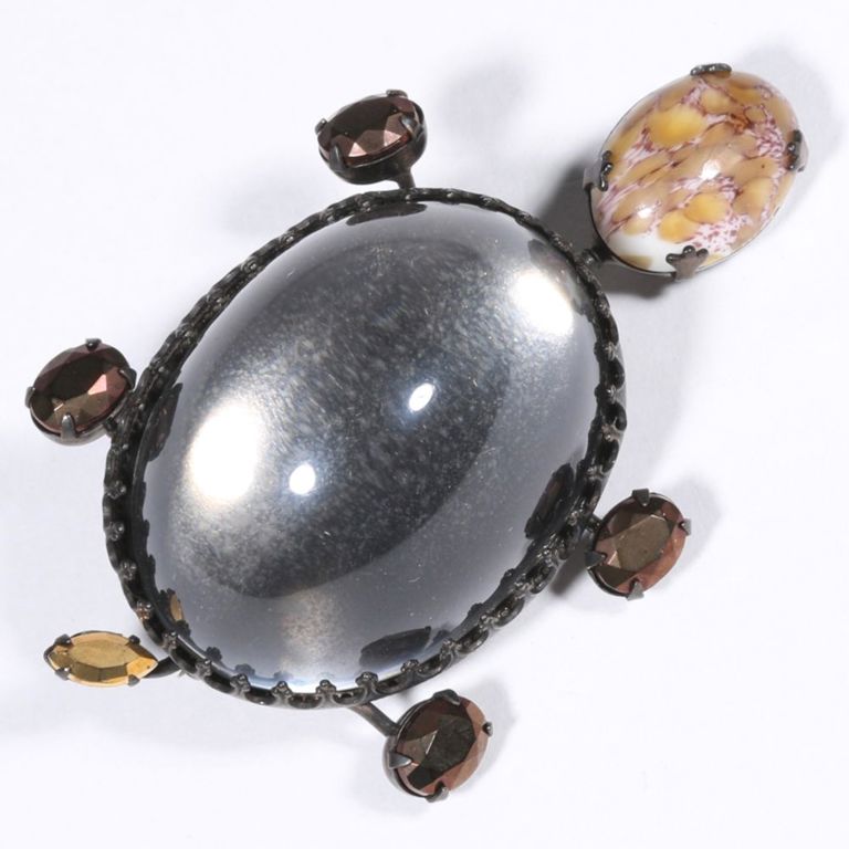 Art glass, clear lucite and copper crystals turtle brooch