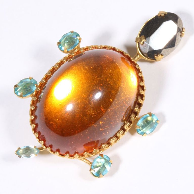 Silver crystal, orange lucite and inverted aqua crystals turtle brooch