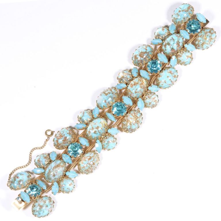 Gold art glass and blue crystal rhinestone bracelet