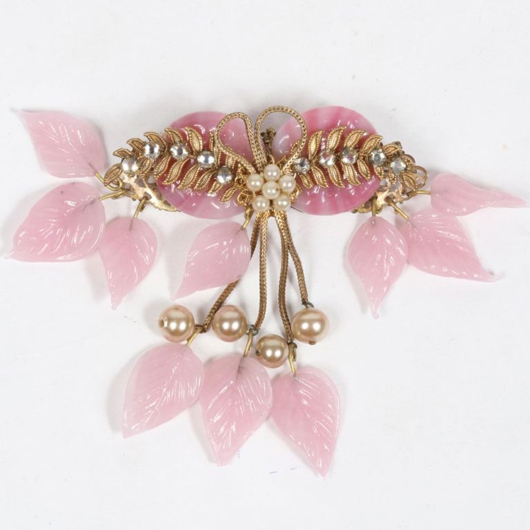 Gilt brass pink glass and faux pearl bar brooch