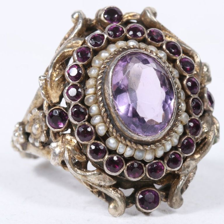 14k gold amethyst, pearl and deep purple gems ring