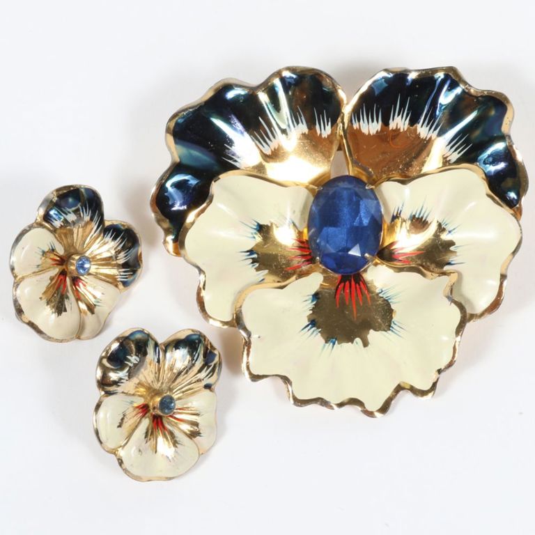 Sterling vermeil and enamel brooch and matching earrings