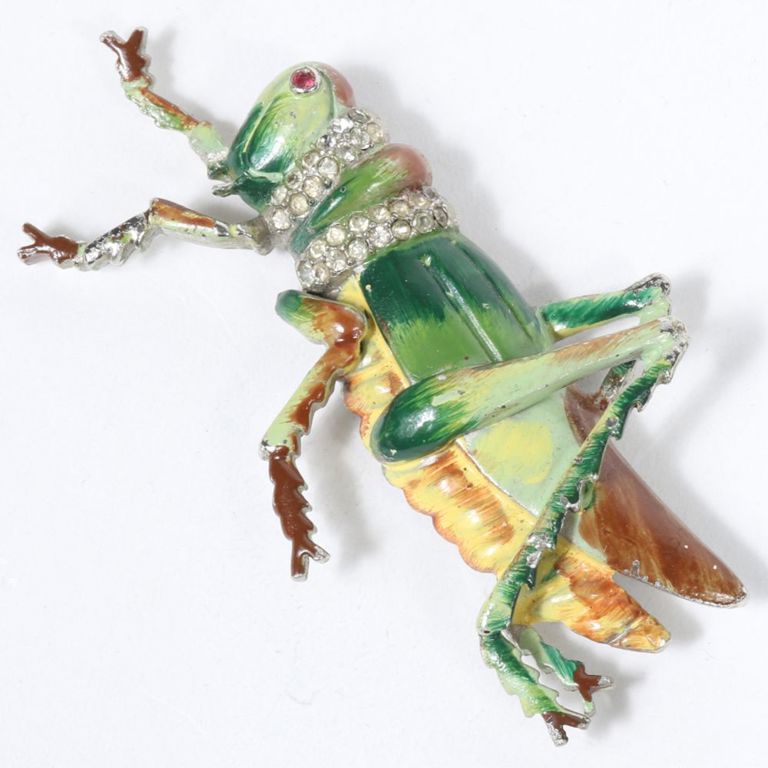 Painted enamel grasshopper brooch with pave rhinestone crystals