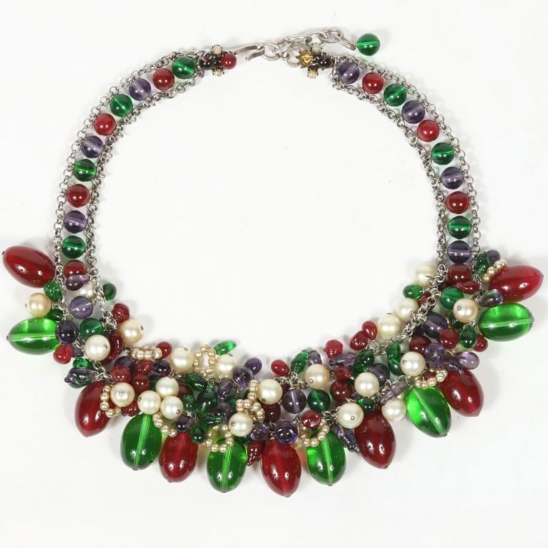 Purple, green, and red glass bead necklace