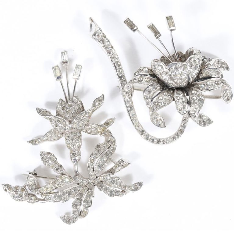 Pair of diamante pave crystal rhodium plated flower brooches