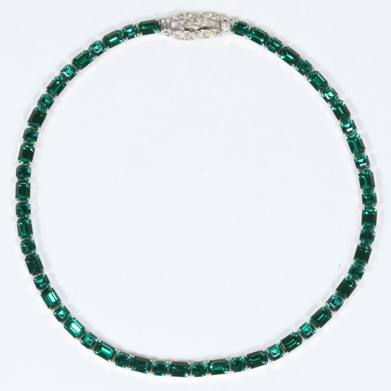 Rhodium plated necklace with green and diamante rhinestones