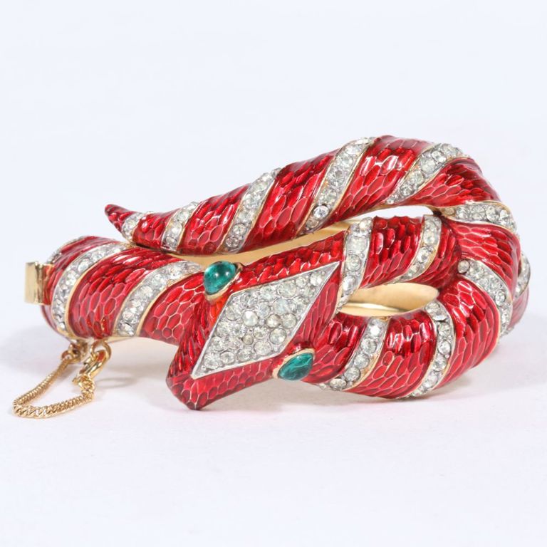 Bracelet with red enamel, pave rhinestones, and green cabochon eyes