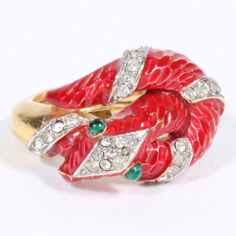Ring with red enamel, pave rhinestones, and green cabochon eyes