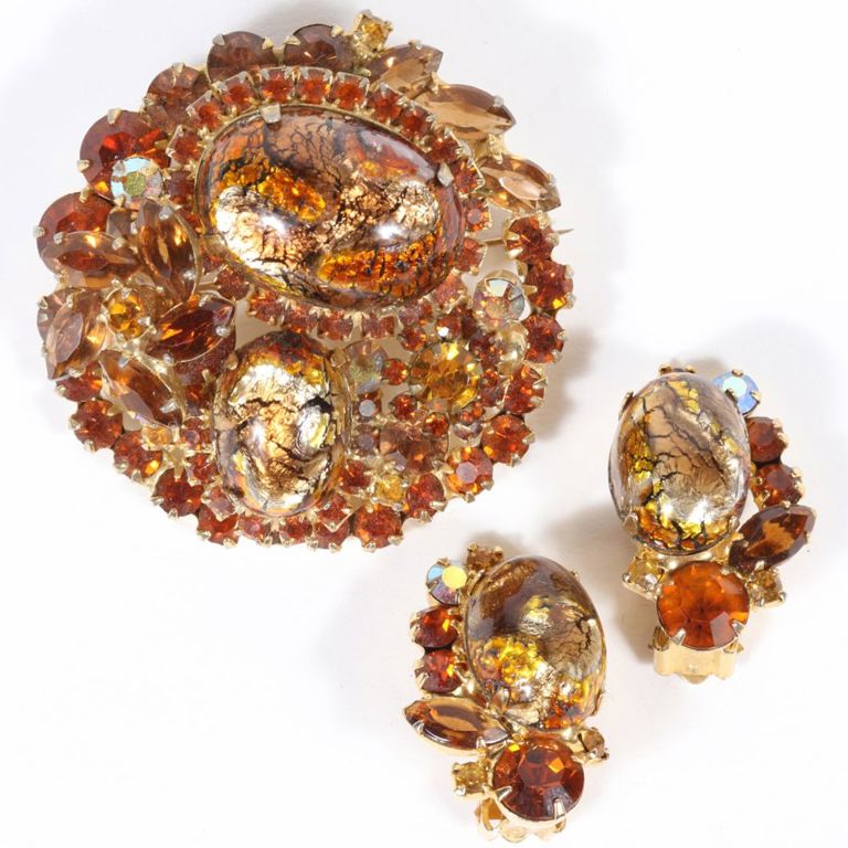 Volcanic crackle glass brooch and matching earrings