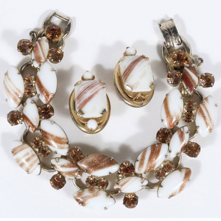 Copper fluss art glass bracelet and goldstone infused earrings