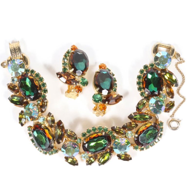 Rhinestone crystals bracelet, and earrings with citrine and topaz jewel accents