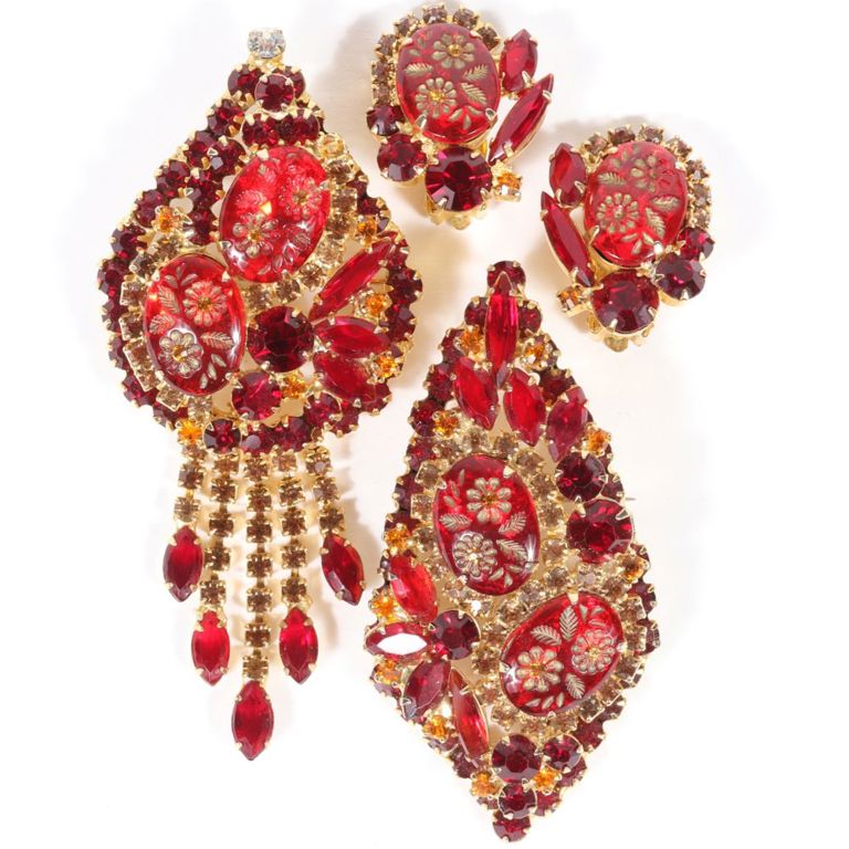 Rruby red intaglio flower вangle brooch, pendant brooch, and matching earrings