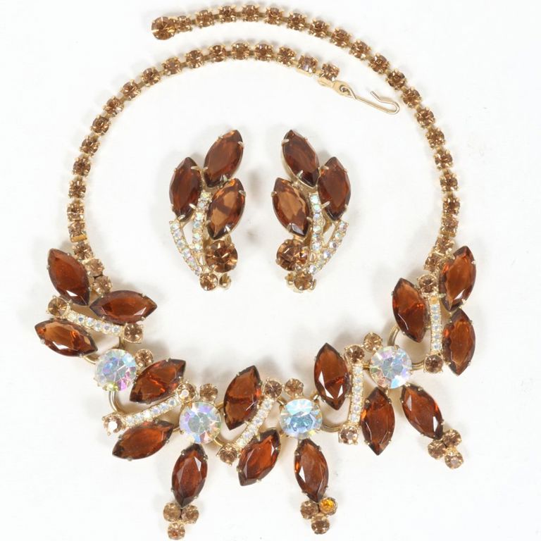 Brown marquis jewel with aurora borealis rhinestone necklace, and matching earrings