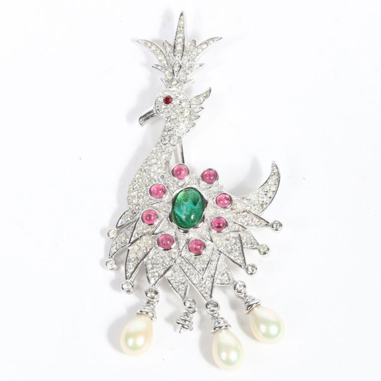 Bird brooch with clear rhinestone with green and pink art glass