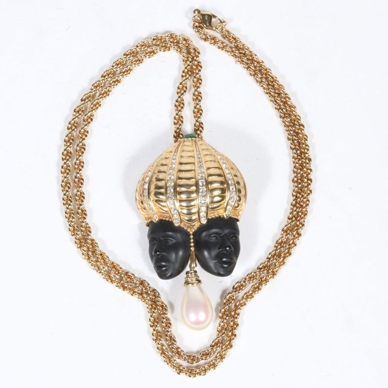 Faux pearl, green stones and rhinestones brooch pendant on necklace