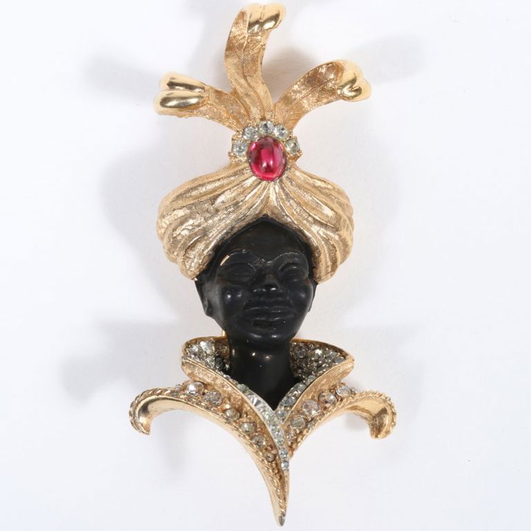 Enamel brooch with ruby red cabochon and diamonde rhinestone crystals