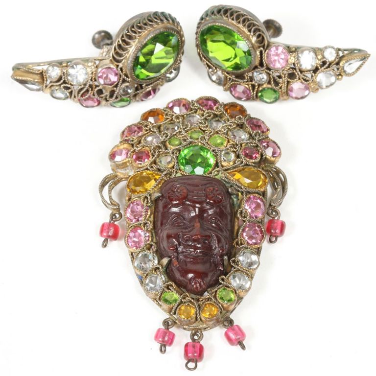 Multicolor rhinestone crystals brooch and sterling silver earrings