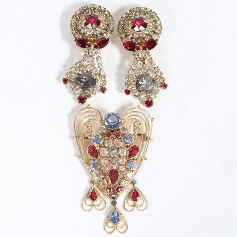 Sapphire and ruby glass brooch and rhinestone crystal earrings