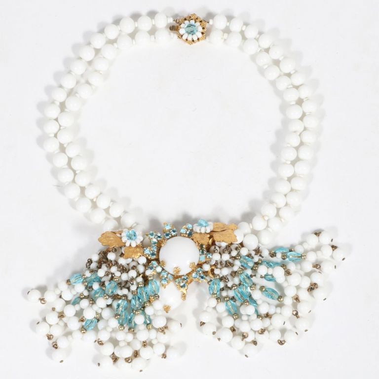 Double strand white milk glass beaded dangle bow necklace