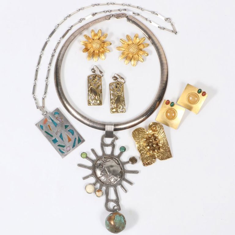 Abstract modernist and brutalist silver and gold jewelry