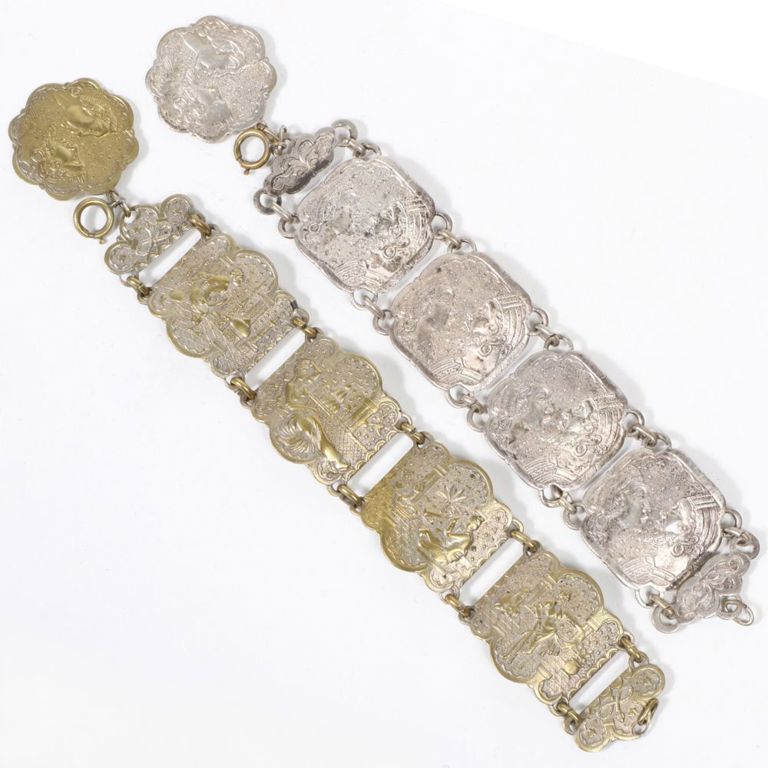 Pair of vintage Arabian Nights silver metal panel bracelets
