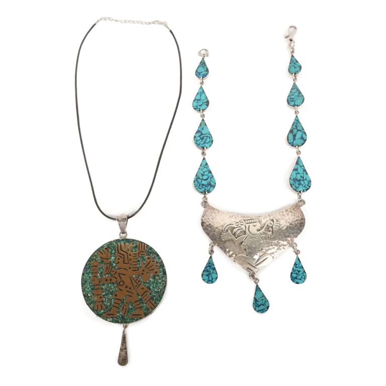 Mexican Modernist silver and turquoise necklaces