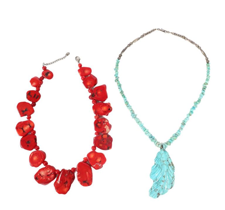 Turquoise necklace with carved leaf pendant and red coral necklace