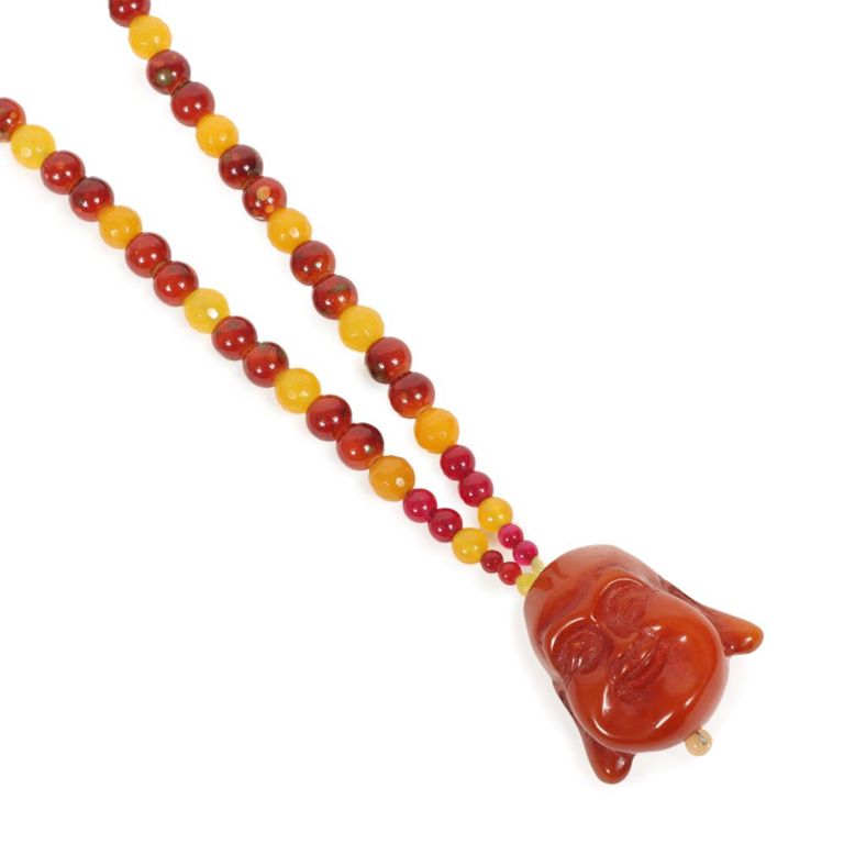 Amber Buddha head pendant on natural amber bead necklace