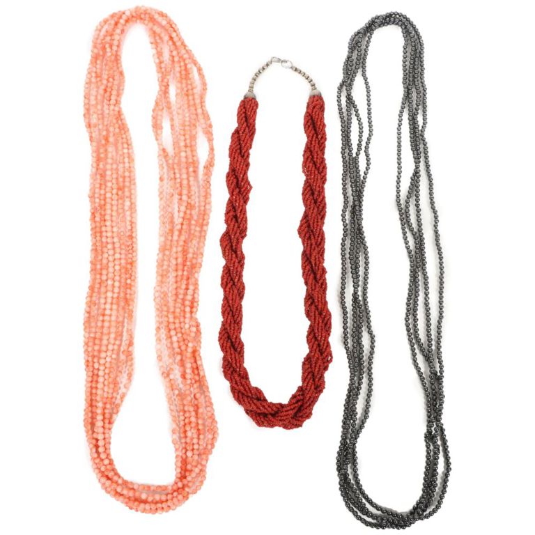 Red coral necklace, hematite necklace and pink coral necklace