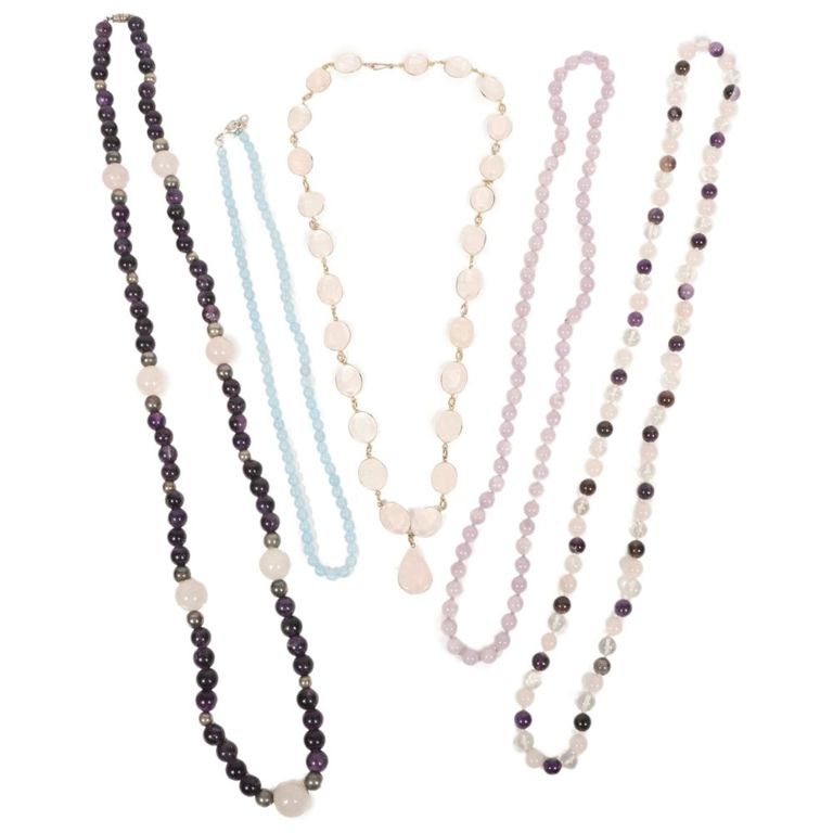 Five necklaces with amethyst, quartz, chalcedony and jade