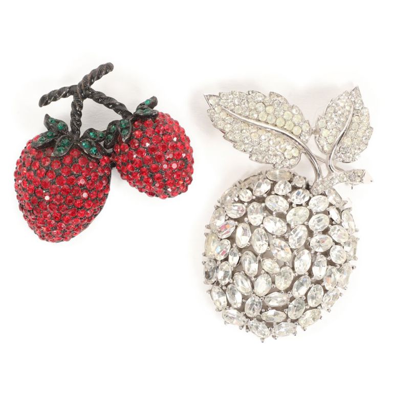 Rhinestone strawberries brooch and rhinestone apple brooch