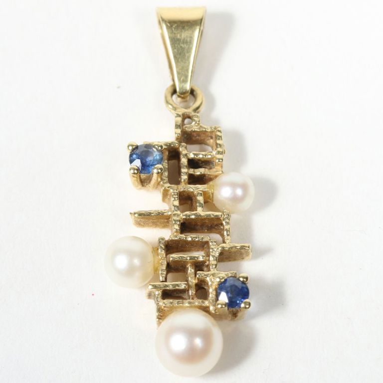 14k yellow gold, blue sapphire and cultured pearl pendant