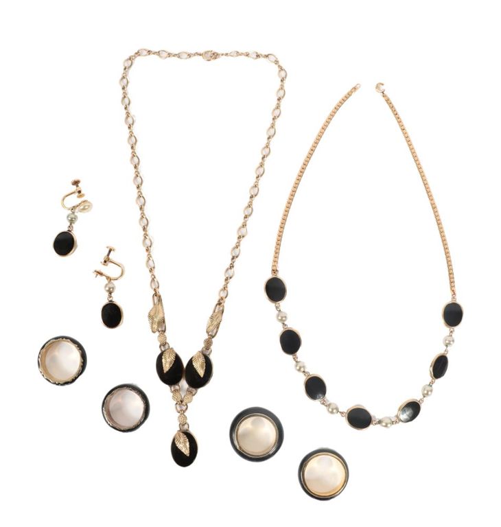 Gold filled glass necklaces with matching earrings and four gold filled rings