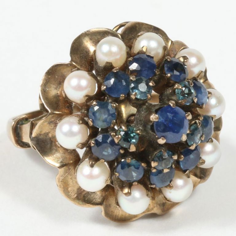 14k gold dome ring with sapphires or spinels and pearls