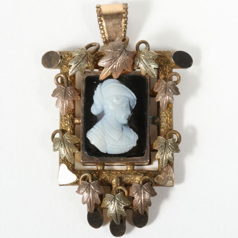 Gold filled mourning cameo onyx pendant with foliage details