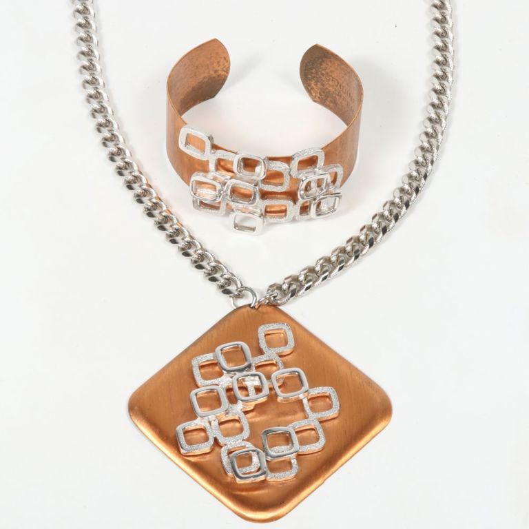 Copper pendant on chain link necklace and matching cuff bracelet