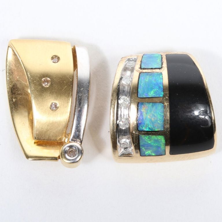 Two gold pendants with opal, onyx and diamonds