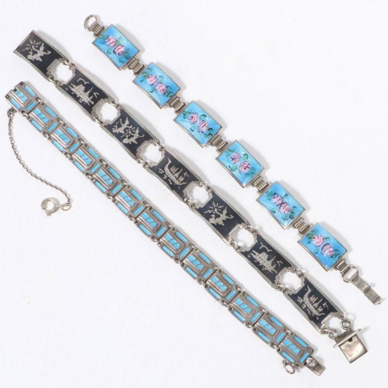 Three Vintage sterling silver and enamel bracelets