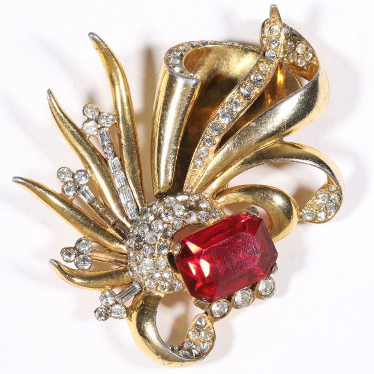 Vermeil fur clip with rhinestone crystals and large ruby red gem