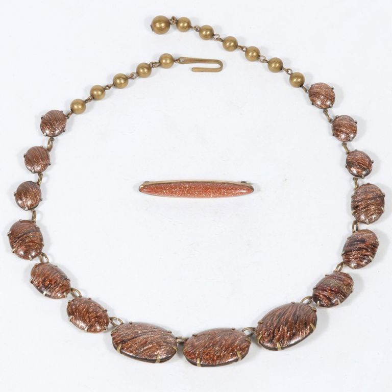 Art glass necklace with goldstone cabochon pendant